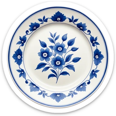white vintage porcelain plate with blue floral decor sticker