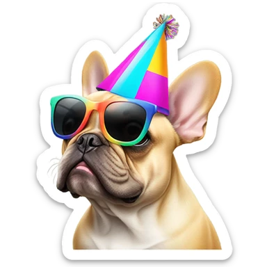 French bulldog wearing sunglasses wearing a party hat sticker