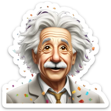 happy albert einstein standing and everywhere colorful confetti sticker
