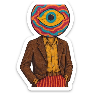a person in vintage style, head replaced by a large colorful psychedelic eye, no facial features, 1970s fashion sticker