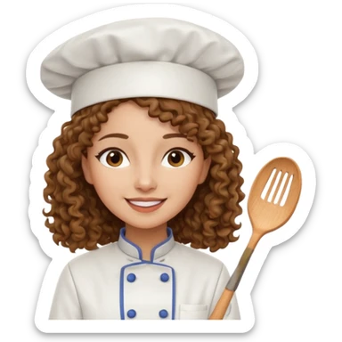 Long curly hair, happy, wearing chef uniform and chef hat sticker