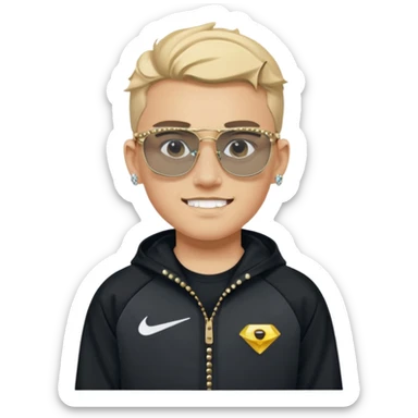 un emoji de un chico emcapuchado blanco, dientes de oro, com uma chaqueta negra nike tech y unas gafas de oakley, con pendientes de diamante, que las gafas sean estilo cuadradas, los pendientes q no se cuelguen, que sean redondos, en las dos cejas un corte, que las gafas no sean circulares sticker
