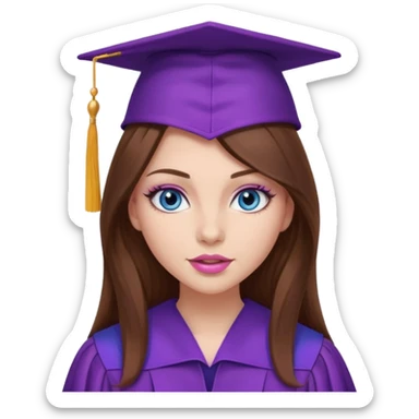girl with gorgeous long brown hair, blue eyes, long lashes makeup, sexy pink lips, wearing a purple graduation cap and gown sticker