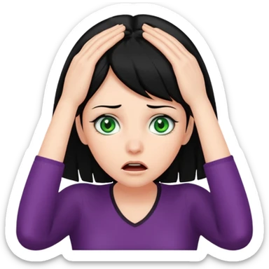 A realistic waist-up portrait of a frightened woman with her hands on her head, black hair and green eyes sticker