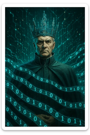a data Governor, with a crown made of circuit boards and binary code, commanding presence sticker