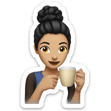 A woman with a black hair bun holding coffee sticker