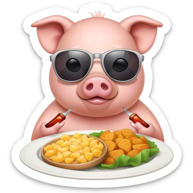 A pig with a sunglasses and a food sticker