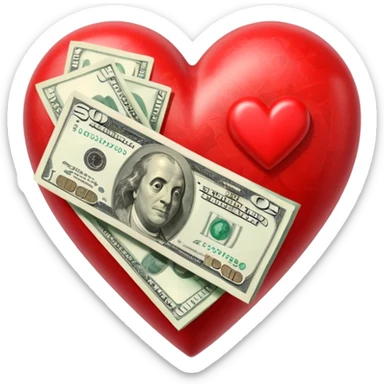 "Realistic HD red heart fused with money, cash integrated into the heart, glossy texture, clean white background." sticker