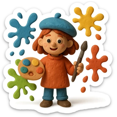 girl artist character surrounded by colorful paint splashes sticker