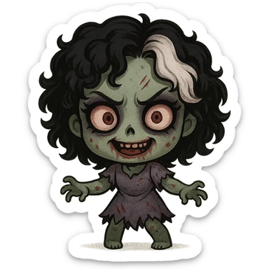 chibi-style zombie girl, black curly hair, white streak, creepy expression, makeup sticker