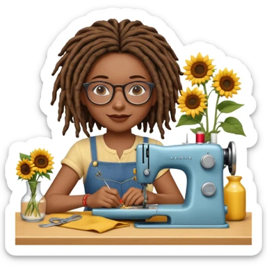 A beautiful African American girl, flawless medium skin tone, glasses, slightly rosey cheeks, natural chin length dread locks, sitting with her sewing machine, and a vase of sunflowers, slightly grinning as she sews, still life, 3D render, colorful highly detailed, 4k, no emoji icons, no emoji faces sticker