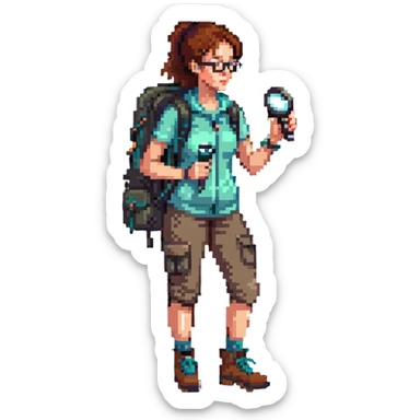Very happy excited woman in her 40s with glasses wearing sporty outfit, hiking boots, and backpack, holding a magnifying glass sticker
