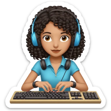 Dark Spanish girl with dark curly hair, wearing a gaming headset and playing with keyboard and mouse   sticker
