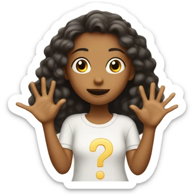 young girl with hands extended outward, surrounded by floating question marks sticker