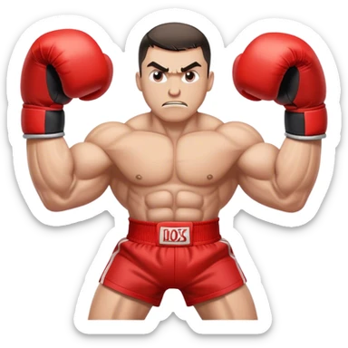 A cartoon-style train with muscular arms wearing red boxing gloves, aggressive fighting stance, determined expression. sticker