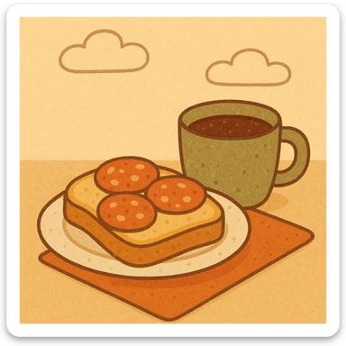 breakfast scene with salami bread and a cup of coffee, inviting, warm, simple background sticker