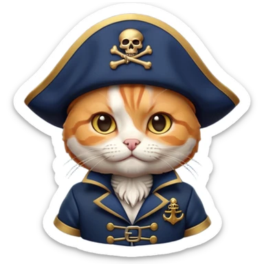 Premium 3D emoji icon of a cute ginger cat pirate, wearing a **deep navy blue** velvet pirate hat with a silver skull icon, and a black and gold captain's jacket. Glossy finish, claymorphism style, soft studio lighting, isolated on white background, 8k resolution, stylized professional look --v 6.0 sticker