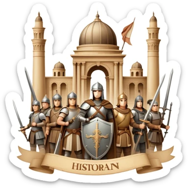 Icon for Historical Movies: A vintage movie poster-style design with elements of ancient architecture, historical figures in period costumes, and a backdrop of a historical event or battle. Include scrolls, swords, and shields. Retro cinematic feel. Transparent background. sticker
