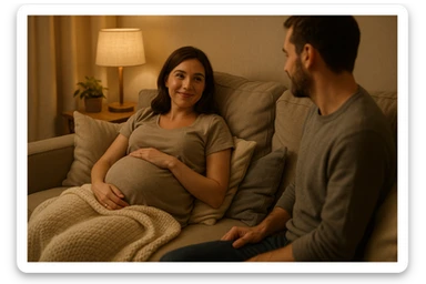 The pregnant wife resting comfortably on the living room couch, watching her husband with a grateful smile, soft pillows and a blanket, peaceful and warm home atmosphere. sticker