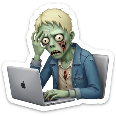 A tired sad zombie behind a laptop sticker