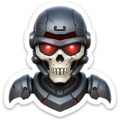 futuristic war robot portrait, head and shoulders only, skull-inspired helmet, glowing red eyes, cracked metal face, dark armor collar, battle scars, dramatic lighting, 3D cartoon, mobile game icon style, clean background, no text, no watermark
 sticker