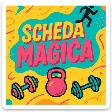 creative dynamic gym workout plan card with the text 'scheda magica', bright colors, catchy font, sports graphic elements sticker