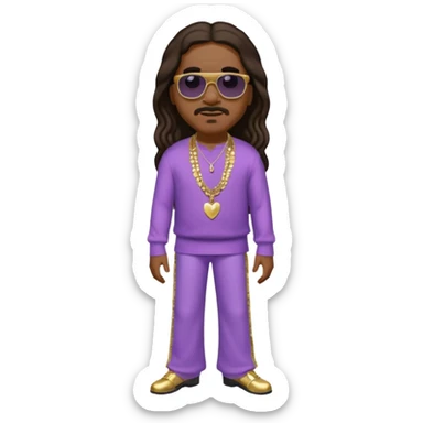Stevie Wonder with long dark brown hair, lilac sequin baggy pants, shirtless with necklace sticker