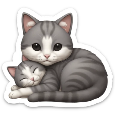 dark grey and white small cat with his eyes closed leaning his head on his paw while leaning on his elbow lying down sticker