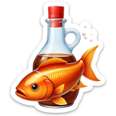 a bottle of fish sauce with a fish swimming on the tag, fish sauce is pouring out of the bottole sticker