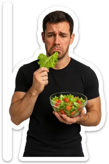 uomo fitness cON INSALATA IN MANO E FOGLIA DI INSALATA IN BOCCA, ESPRESSIONE TRISTE sticker