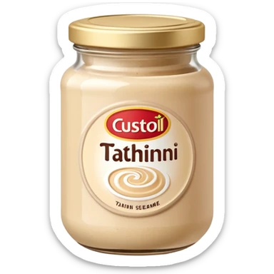 jar of tahini, glass or plastic, beige sesame paste visible, smooth and creamy, glossy surface, dense texture, neutral lid white beige metallic, blank label optional, swirl or overflow of paste, 3D clean style, transparent background sticker
