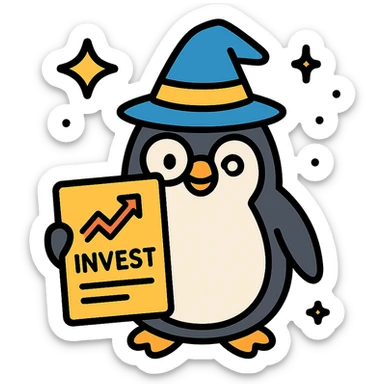 penguin wizard with monocle, holding glowing investment contract, surrounded by sparkles, color outline icon style sticker