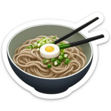 bowl of japanese buckwheat soba noodles with two chopsticks and spring onions sticker