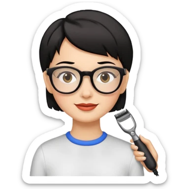 Happy woman with very short hair and glasses having haircut sticker