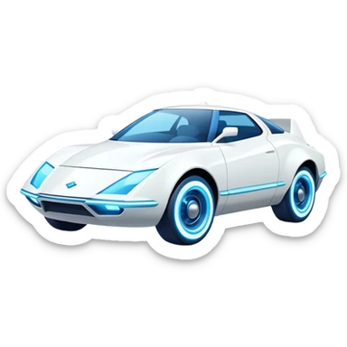 Futuristic retro hover white car with sharp angular design and glowing blue wheels, front view, flat vector style, minimal color palette with subtle blue highlights sticker