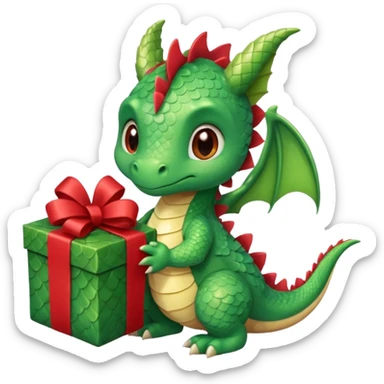 a cute baby dragon is holding a carton gift with red ribbon sticker