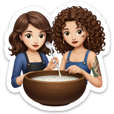moon bowl mixing — long wavy brown hair tattooed woman and short tight curly brown hair woman — potion scene sticker