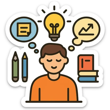 person brainstorming in a warm, inviting workspace, surrounded by idea bubbles with notes and sketches, bright light bulb above, creative tools like pens and books in the background, color outline icon style, 4:5 aspect ratio sticker