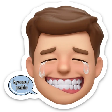 Crying laughing face with rotten teeth with a text bubble beside it saying kywaa / pablo and it is super realistic sticker