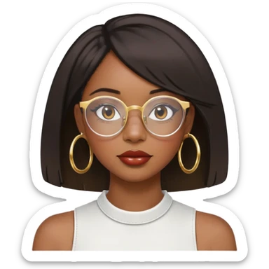 Black girl with shoulder length bob with layers. She wears clear glasses and has on small gold hoop earrings and lipgloss sticker