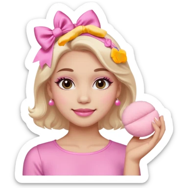 female face, light skin tone, small simple closed smile. One hand visible holding a round fluffy pink makeup powder puff pressed to the cheek; the puff has a small satin bow. sticker