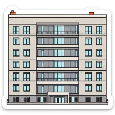 Soviet-era panel apartment building with rows of identical windows, gray concrete facade, flat roof, typical Russian multi-story residential building sticker