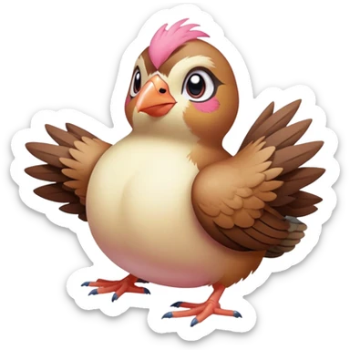 pidgey, small brown bird, cream face and belly, pink feet, short beak, sitting pose sticker