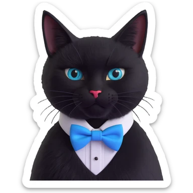 black cat with a blue bowtie collar, 3D illustration, lifelike fur, realistic lighting sticker