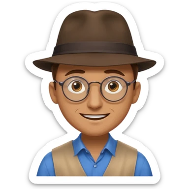 A man with sharp and thin face, brown round glasses, a brown hat and a brown costume with beige chemise (shoulders only), with blue eyes and a large smile on his face and menacing eyes. sticker