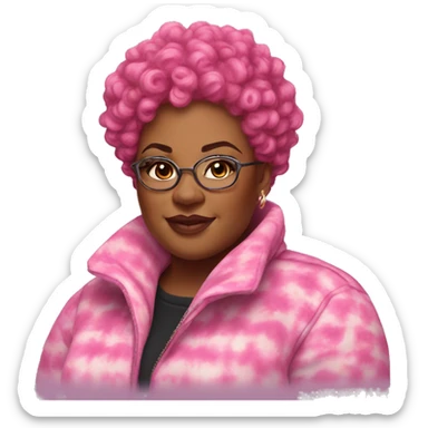 Plus size black woman with pink curly pixie cut hair and a tie dye winter coat  sticker