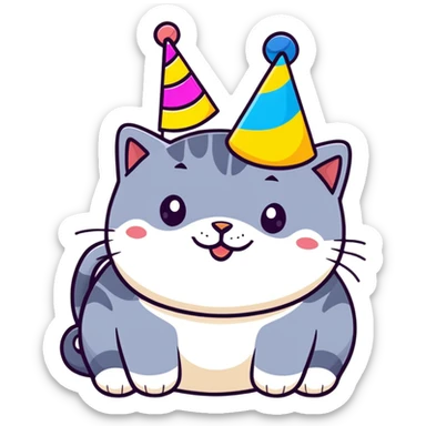 British shorthair blue cat with round face and chubby cheeks wearing a colorful birthday hat sticker