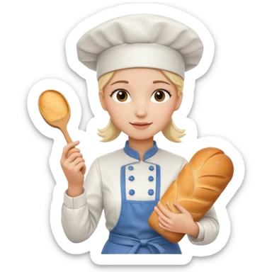 Young female baker - wearing a white chef's hat, holding a cream piping bag and bread in her hand sticker