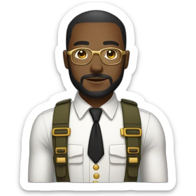 black soldier with beard, part in hair, white collared shirt, bow tie, gold glasses, bulletproof vest  sticker
