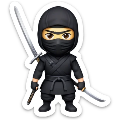  A emoji cartoon-style digital illustration of a ninja dressed in a half black outfit with a face mask, leaving only the eyes visible. The ninja has a serious and focused expression. A katana sword is strapped to their back, with the handle visible over one shoulder. The background is plain white sticker
